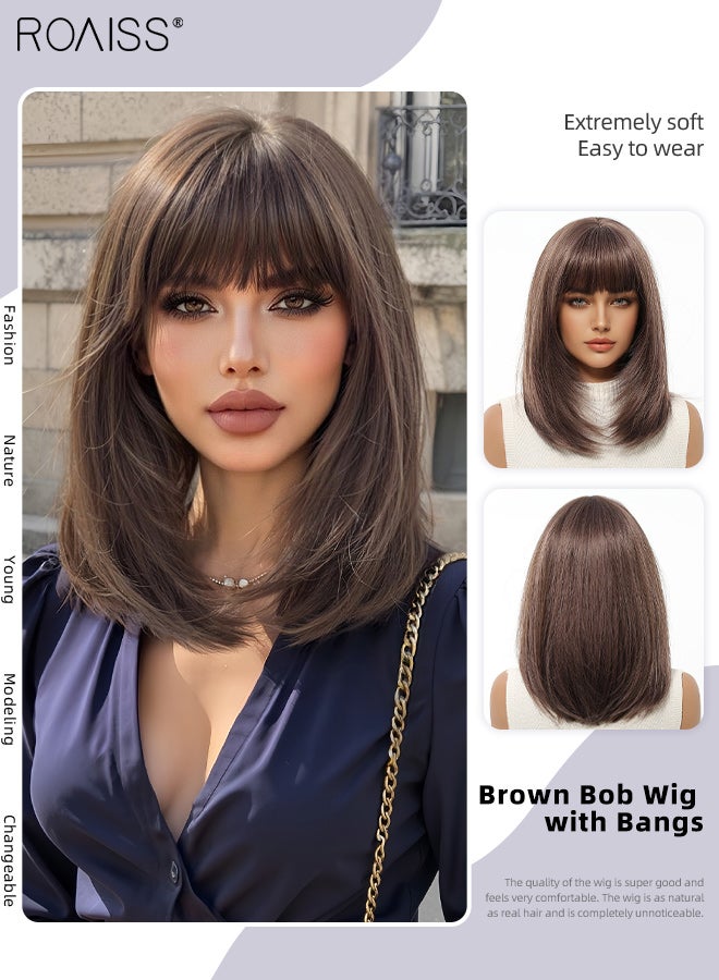 roaiss Brown Bob Straight Hair Wig with Bangs, Heat Resistant Synthetic Wig for Women, Suitable for Wedding Cosplay Party Daily Wear, Natural Looking, 35.6cm (14 inches) - Image 1